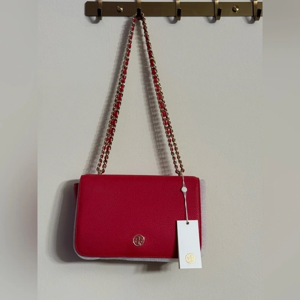 TORY BURCH Pebbled Leather Shoulder Bag With Adjustable Chain Vermillion Red